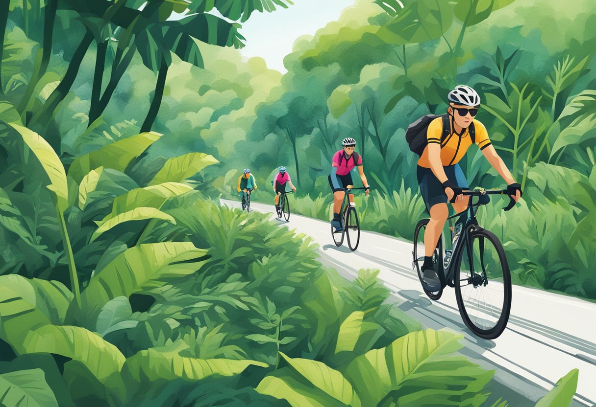 Cyclists navigating through lush greenery on Singapore's cycling routes and trails