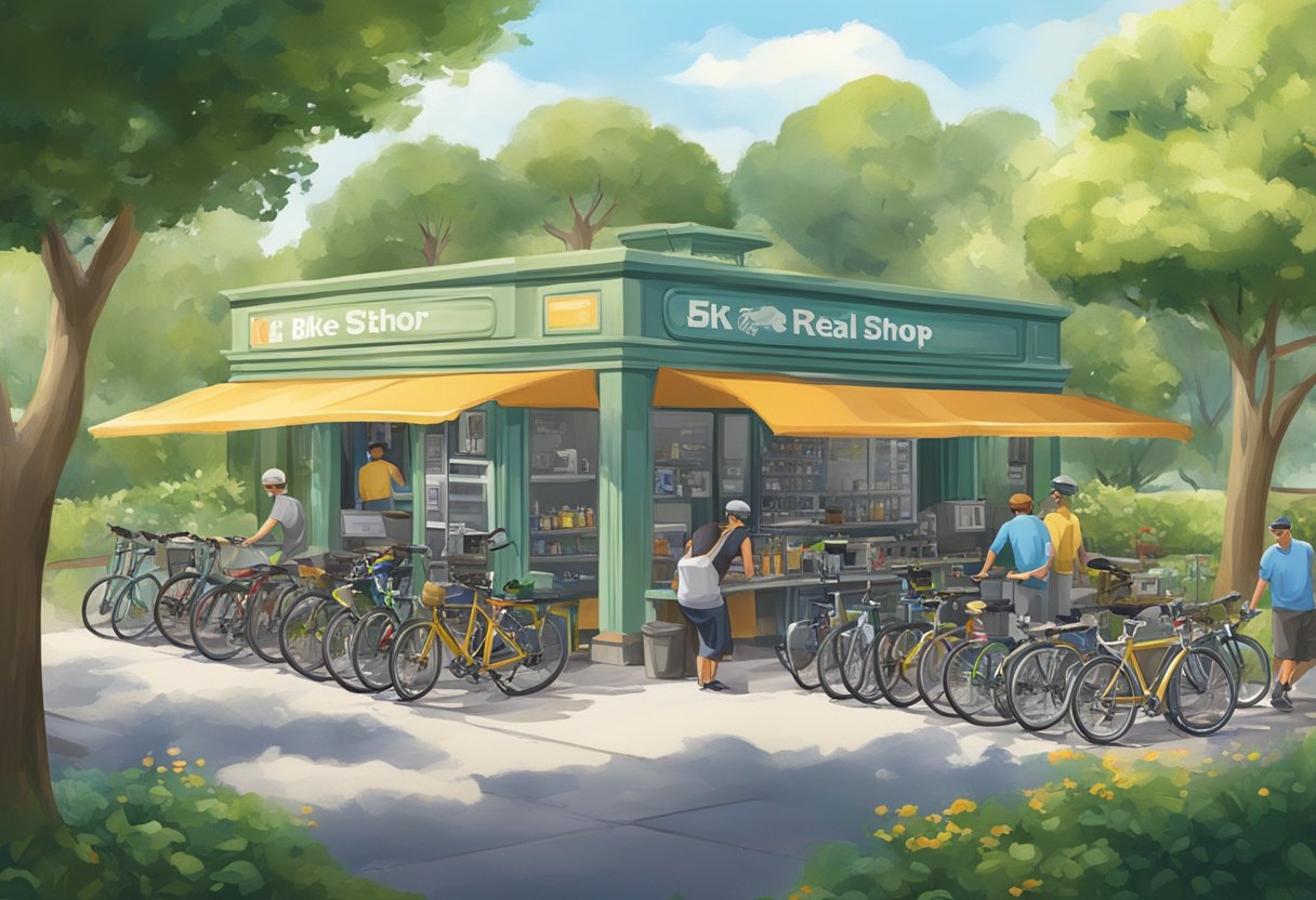 A bustling bike shop with repair station, rental kiosk, and cafe in a lush park setting