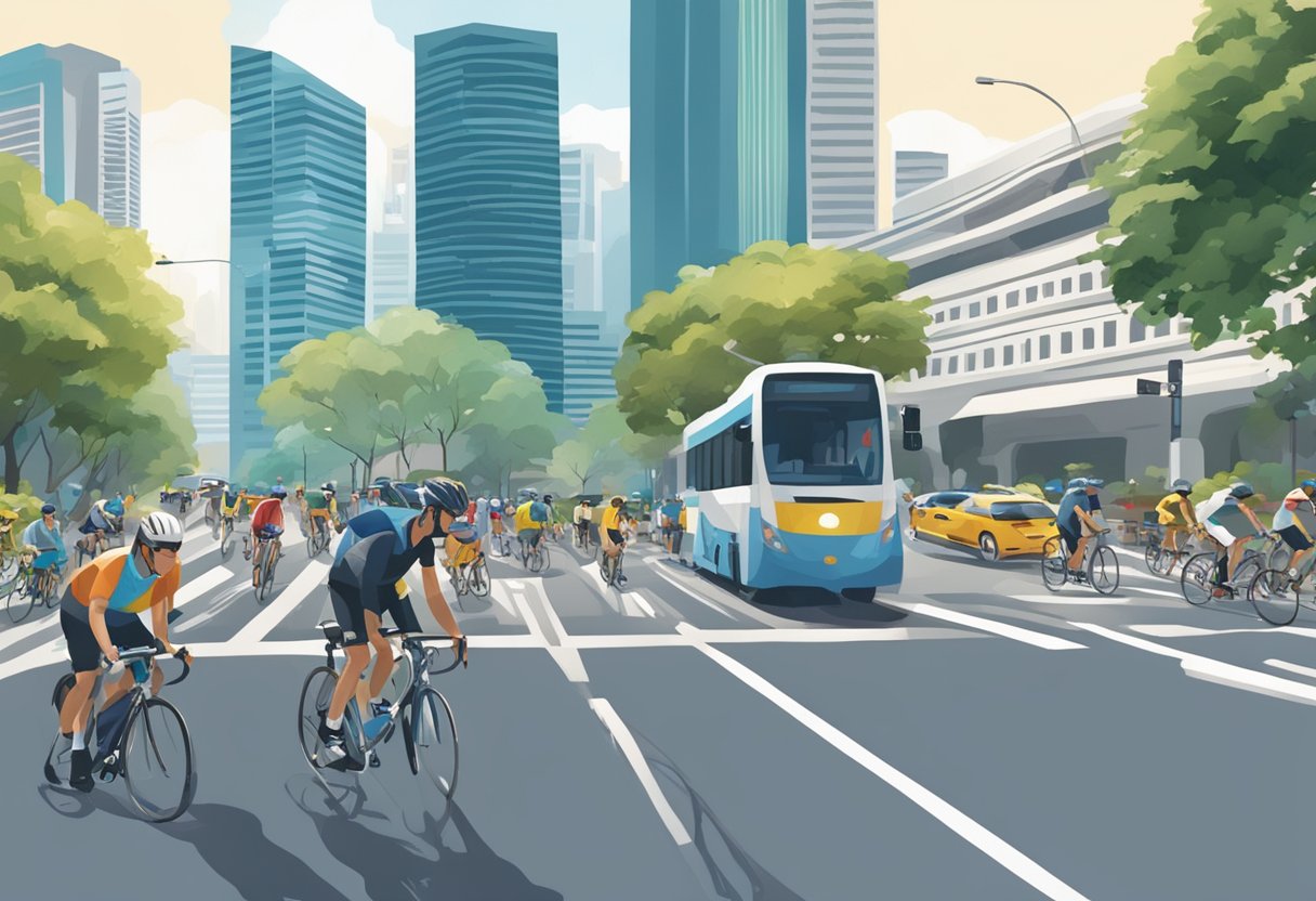 Cyclists navigating through bustling streets of Singapore, passing by iconic landmarks and busy intersections
