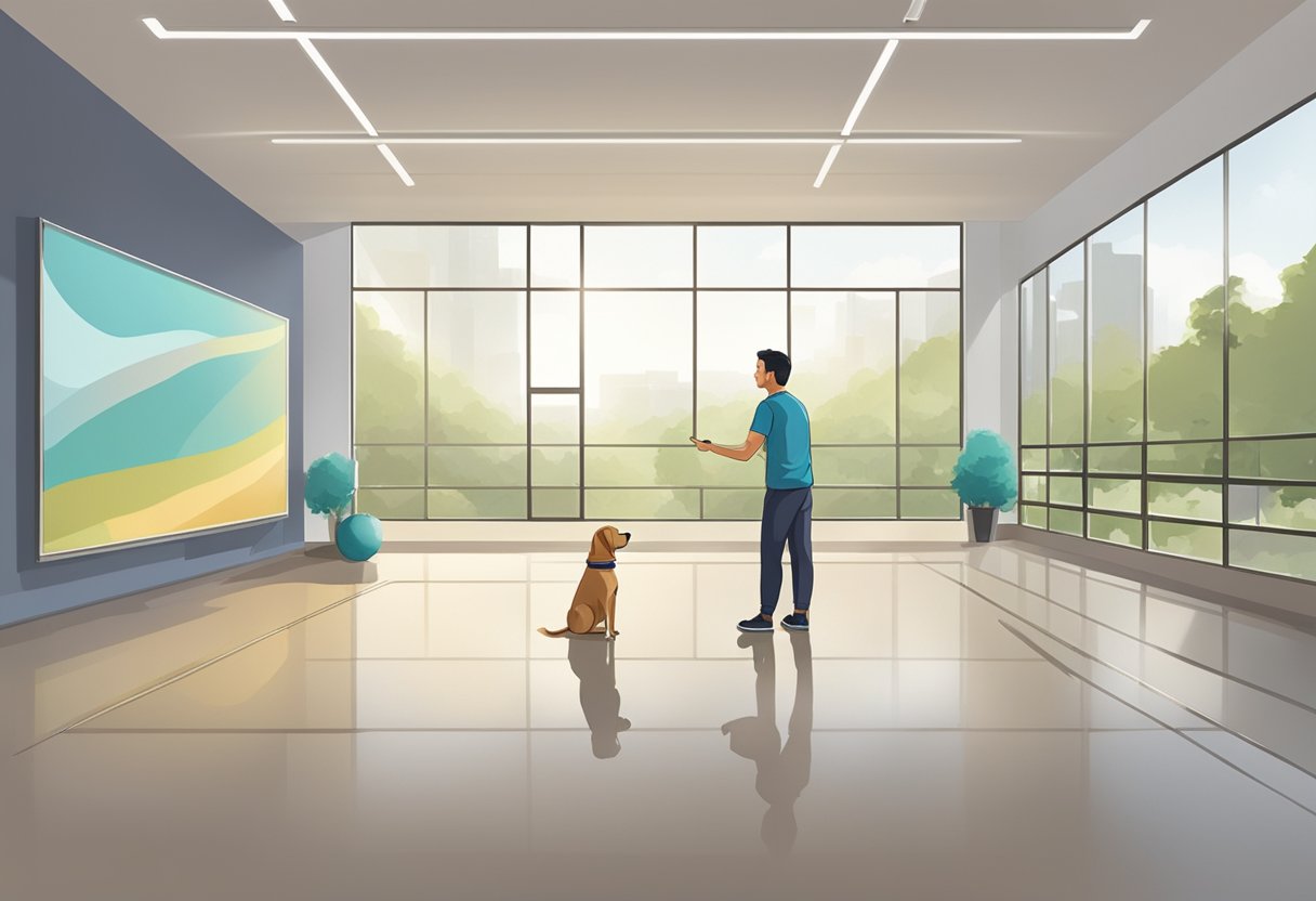 A dog trainer giving commands to a well-behaved dog in a spacious, well-lit indoor training facility in Singapore
