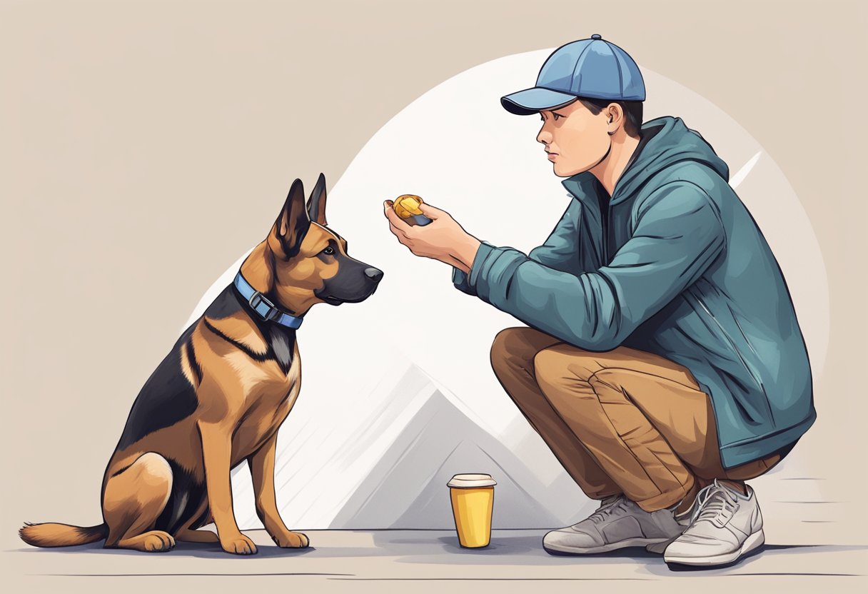 A dog sits attentively, focused on its trainer's commands. The trainer holds a treat, rewarding the dog for following instructions