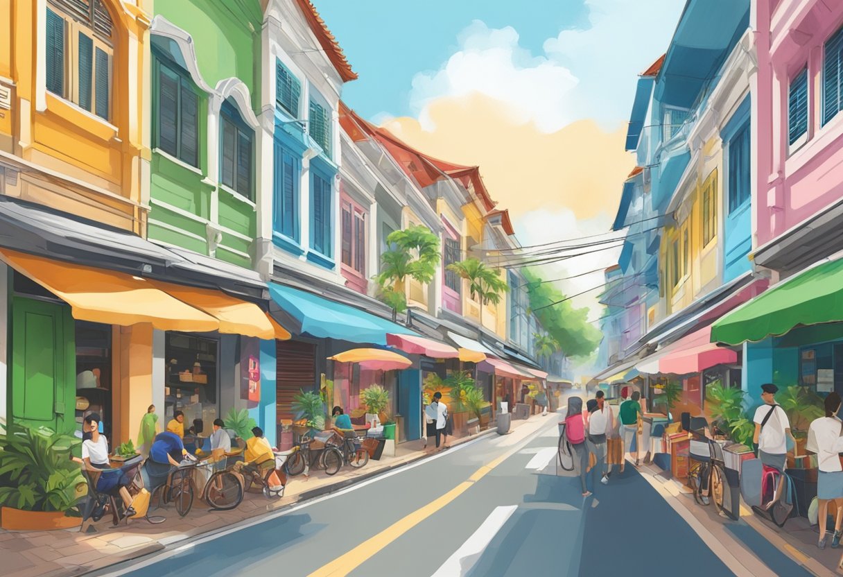 A bustling street in Cuff Road, Singapore with colorful shophouses and vibrant street art