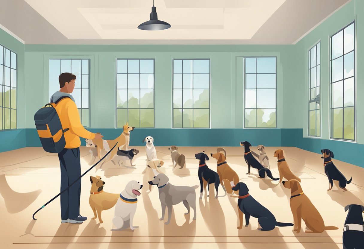 A group of dogs undergo advanced training in a spacious facility, addressing behavioral issues