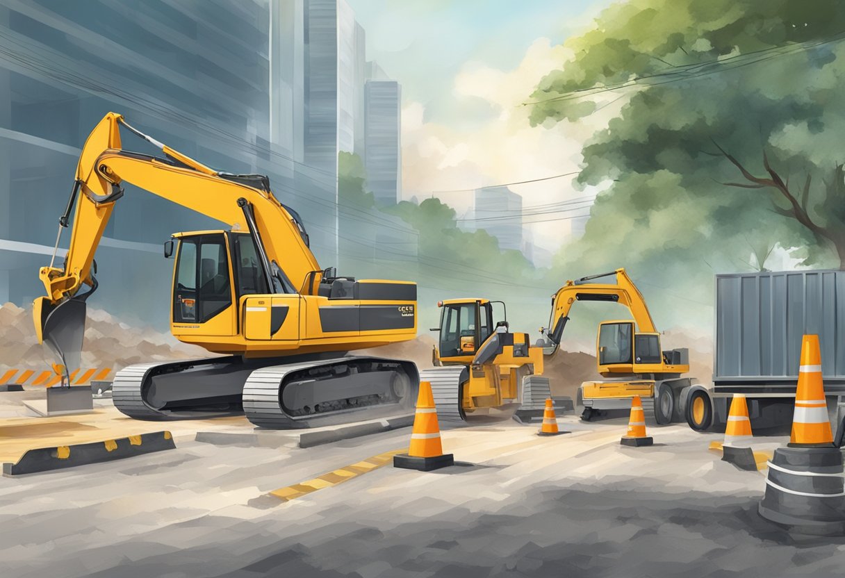 A bustling construction site on Cuff Road, Singapore, with workers operating heavy machinery and laying down pavement for the Cuff Road Project