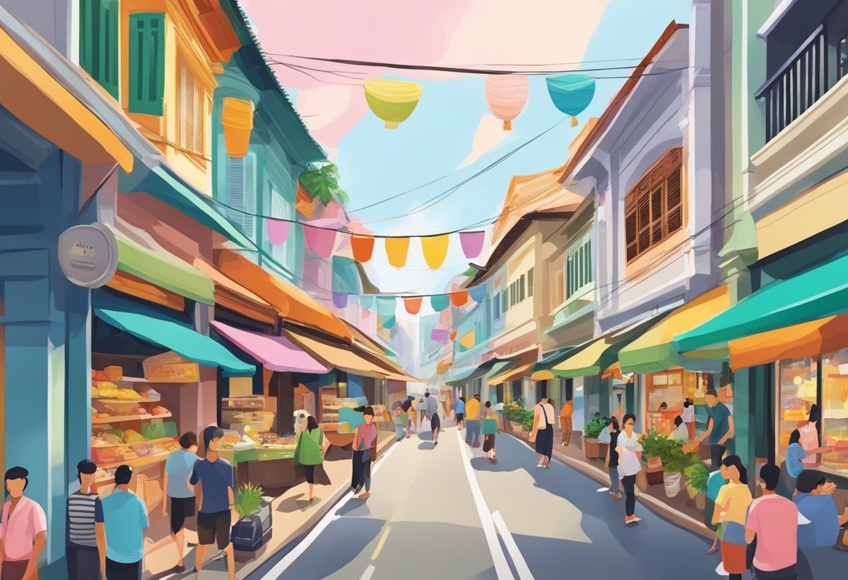 The bustling street of Cuff Road in Singapore, with colorful shophouses and narrow alleys, surrounded by the sounds of vendors and the aroma of street food