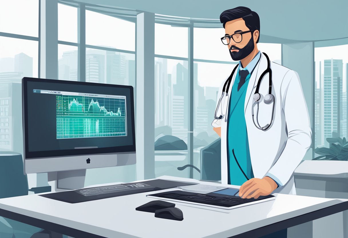 A doctor in a white coat stands in a modern hospital, with a stethoscope around their neck, looking at a computer screen displaying a salary figure in Singapore dollars