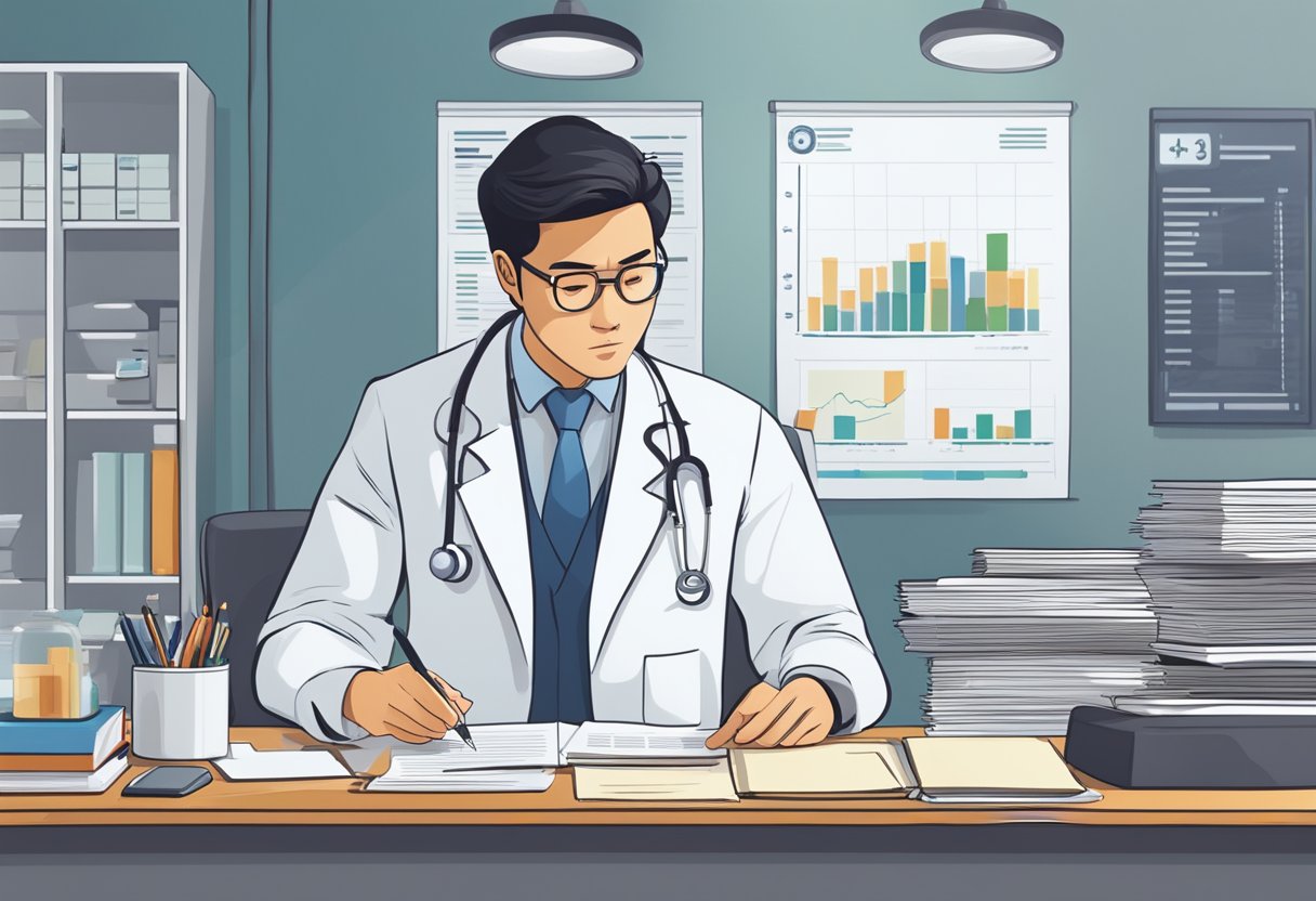 A doctor in a white coat sits at a desk, reviewing paperwork with a serious expression. A chart on the wall displays salary data for Singaporean doctors