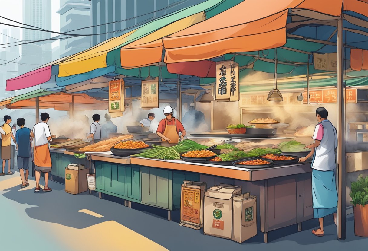 Colorful hawker stalls line the bustling east coast of Singapore, with fragrant steam rising from sizzling woks and the sound of sizzling food filling the air