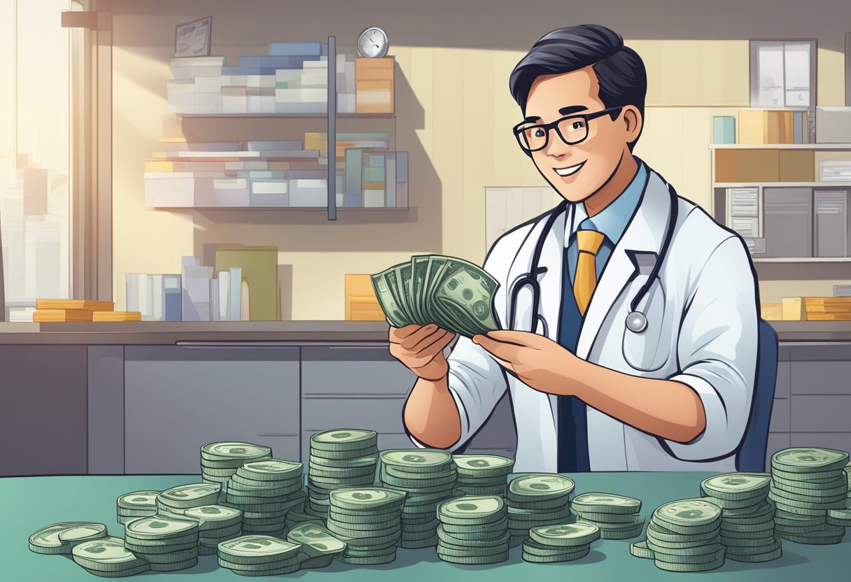 A doctor in Singapore counting money with a satisfied expression