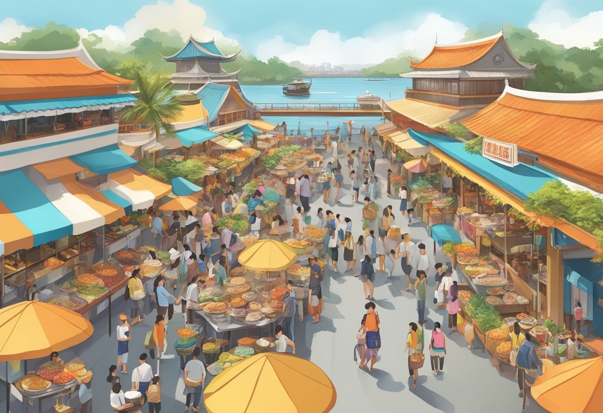 Crowds bustling at East Coast Lagoon Food Village, with colorful food stalls lining the walkway and the aroma of sizzling seafood filling the air