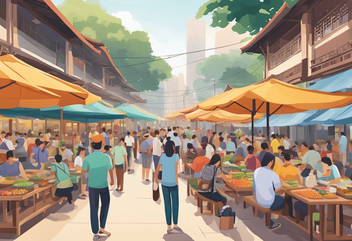Visitors gather at bustling hawker center, surrounded by colorful stalls and aromatic food. Signs display menu options and prices, while patrons enjoy their meals at communal tables
