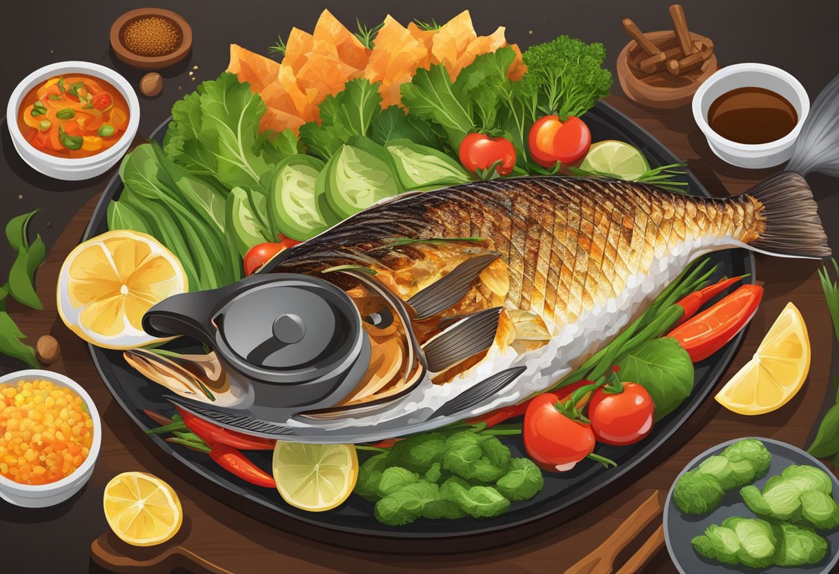 A sizzling hot plate with a whole grilled fish, surrounded by vibrant vegetables and aromatic spices, emitting a tantalizing aroma