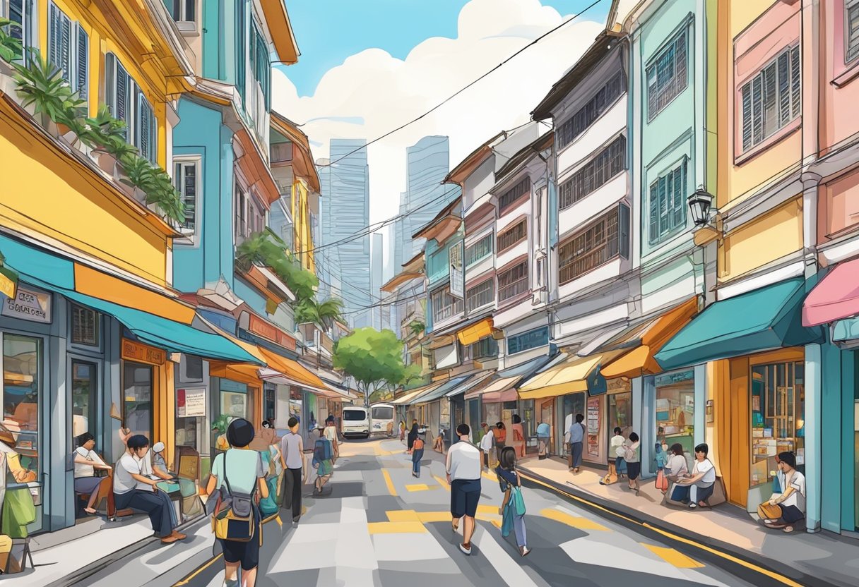 Busy Eu Tong Sen Street, Singapore. Colorful shophouses line the bustling road, with vibrant signs and bustling activity