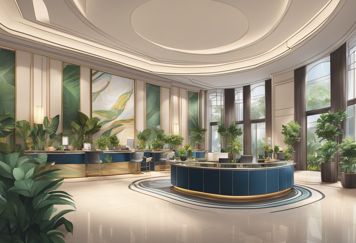 The scene shows a luxurious hotel lobby in Singapore with a reception desk, comfortable seating, and a concierge desk. The space is filled with elegant decor and plants, and there are signs indicating various amenities and services available to guests
