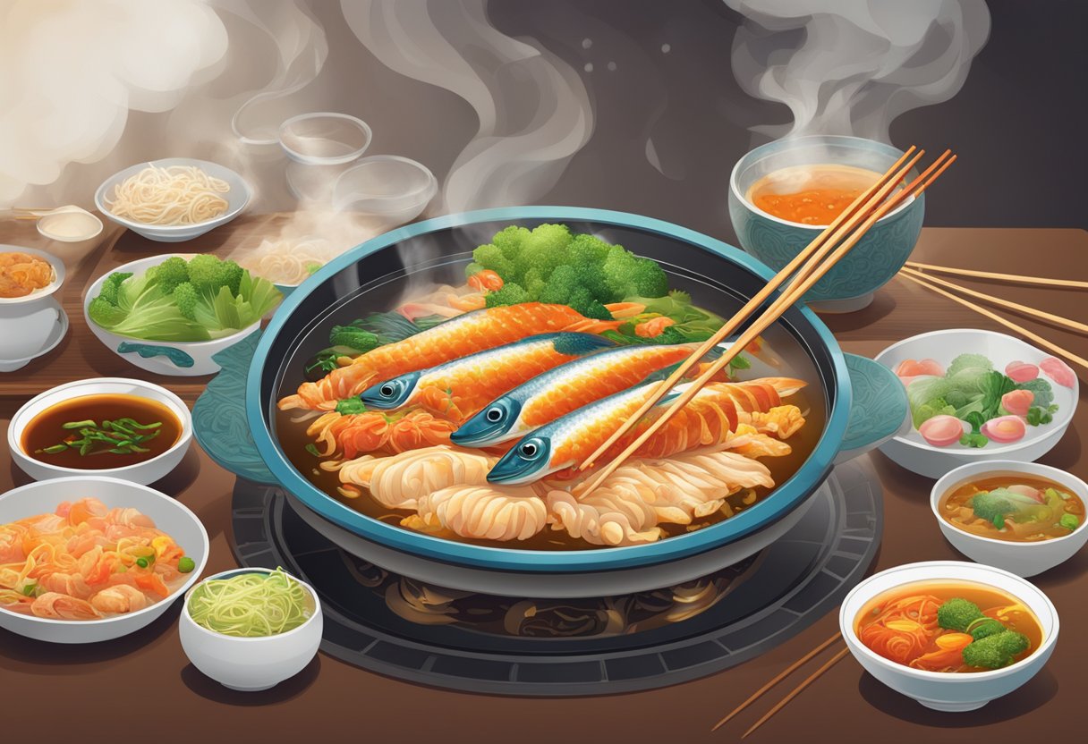 A table set with a sizzling chong qing fish dish, surrounded by vibrant ingredients and chopsticks. A steaming hot pot simmers in the background