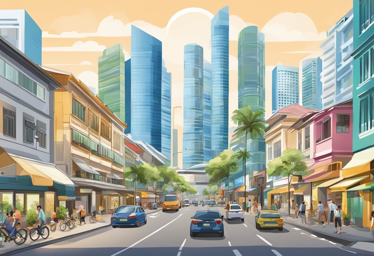 The bustling cityscape of Eu Tong Sen Street, Singapore, with modern buildings and vibrant street life