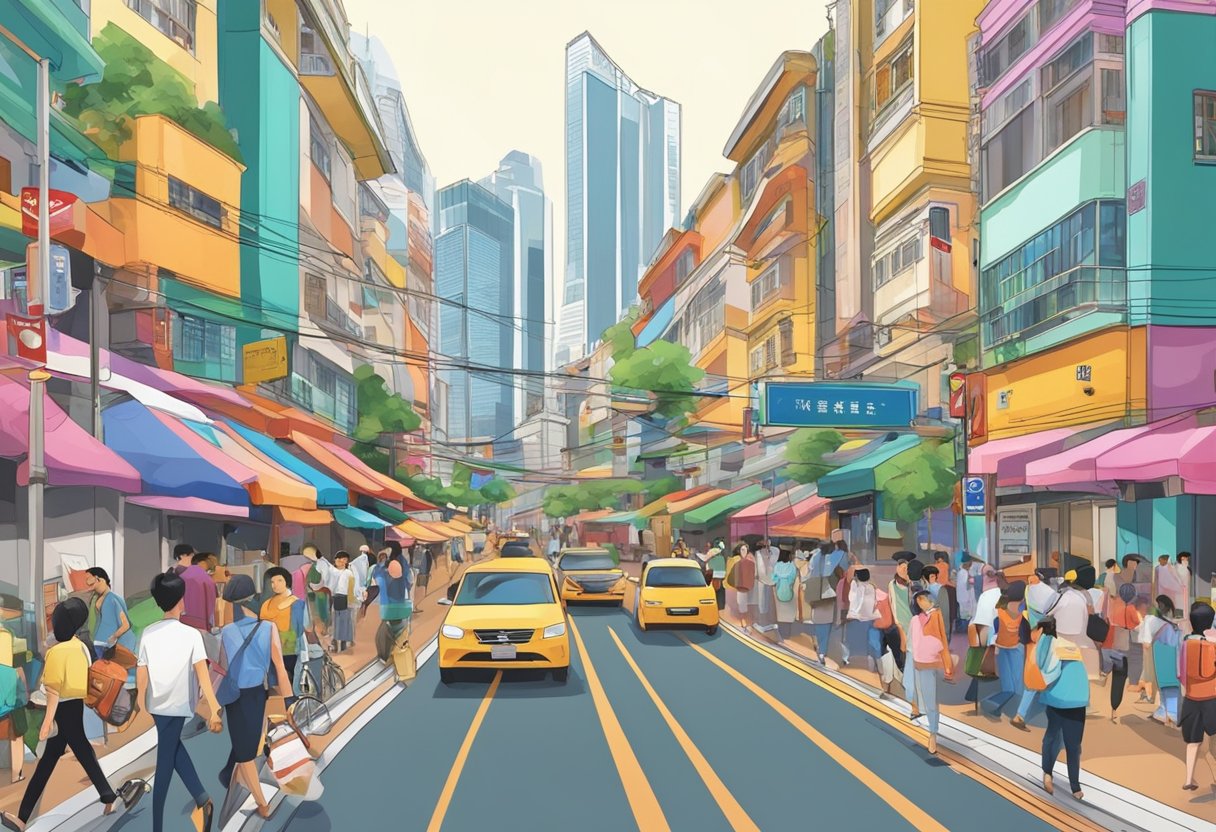 A bustling street in Singapore, with colorful signs and busy pedestrians
