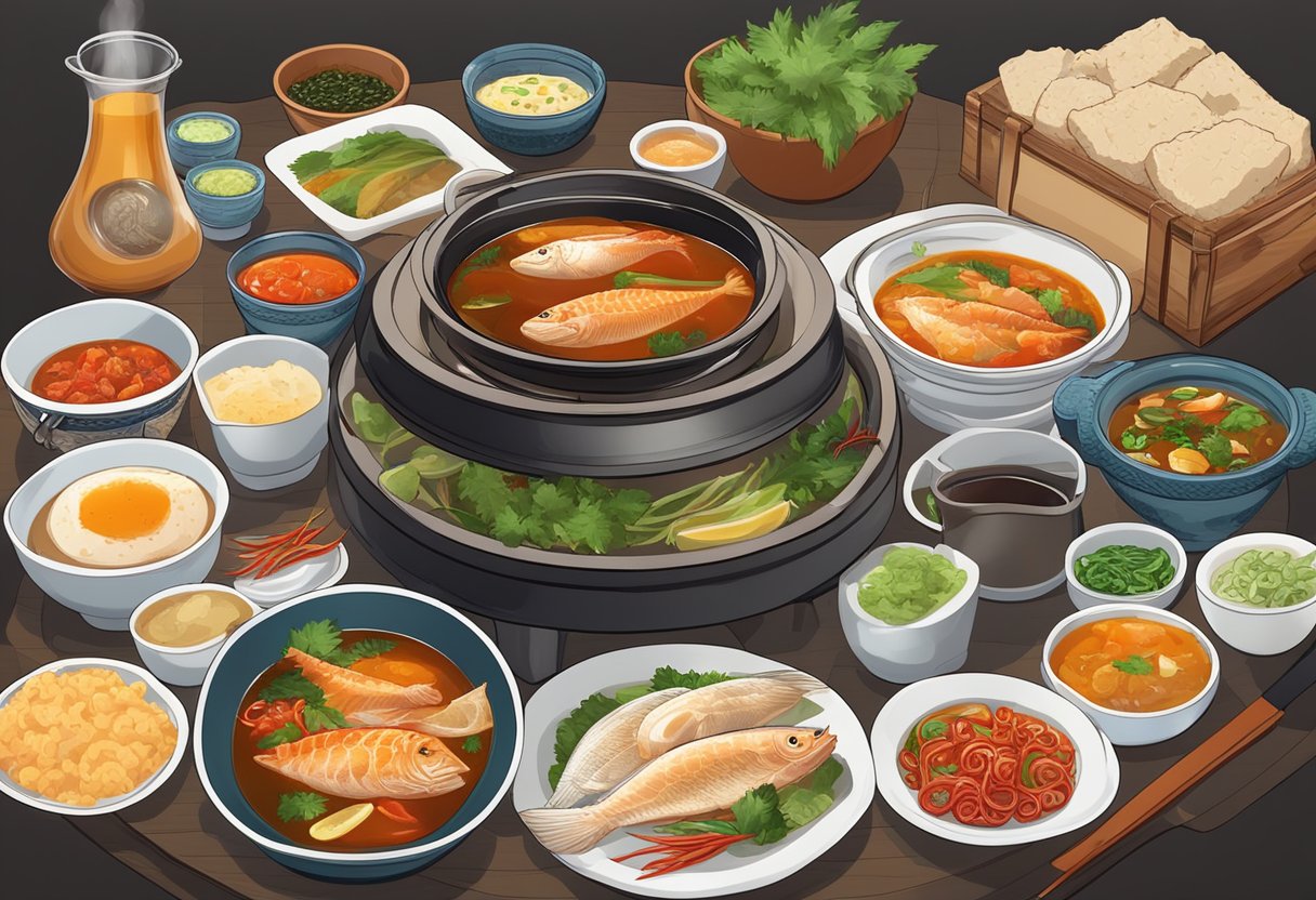 A table with a steaming hot pot filled with spicy broth and fresh fish, surrounded by various condiments and side dishes