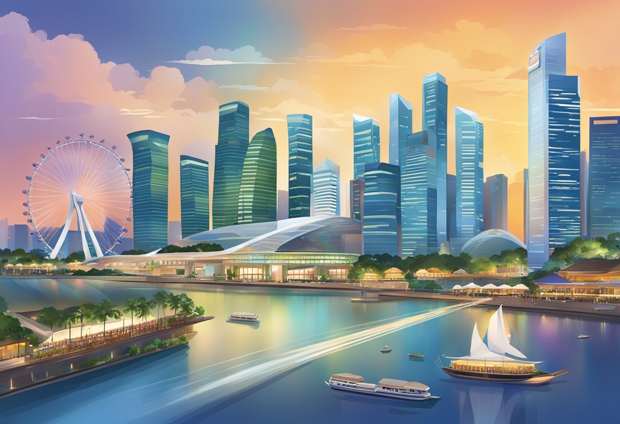 A bustling cityscape with iconic Singapore landmarks such as the Marina Bay Sands and the Singapore Flyer, with a backdrop of colorful skyscrapers and bustling streets