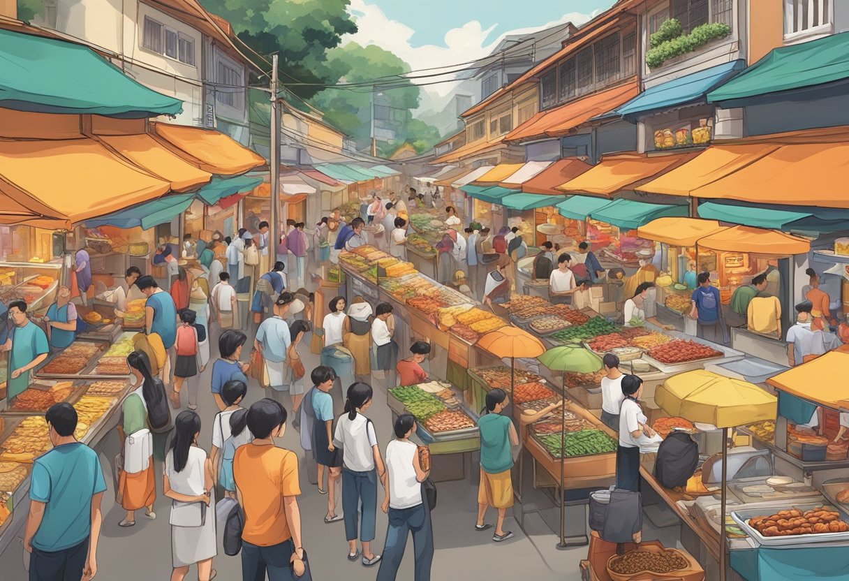 A bustling Singapore street lined with colorful fast food stalls and bustling with customers. The aroma of sizzling meats and exotic spices fills the air, while vendors skillfully prepare a variety of dishes