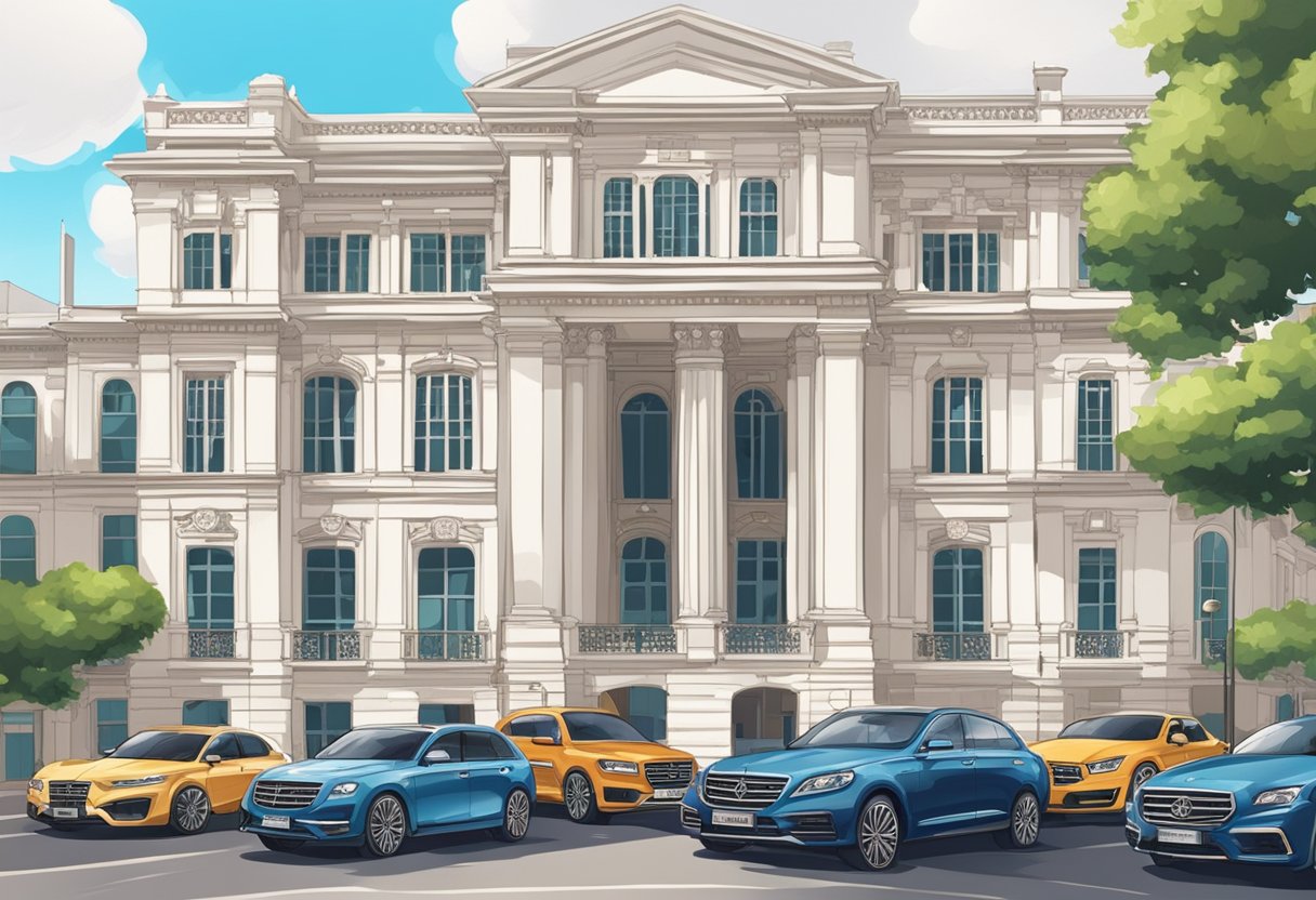 A grand government building in Singapore, with flags flying high and a line of luxury cars waiting outside