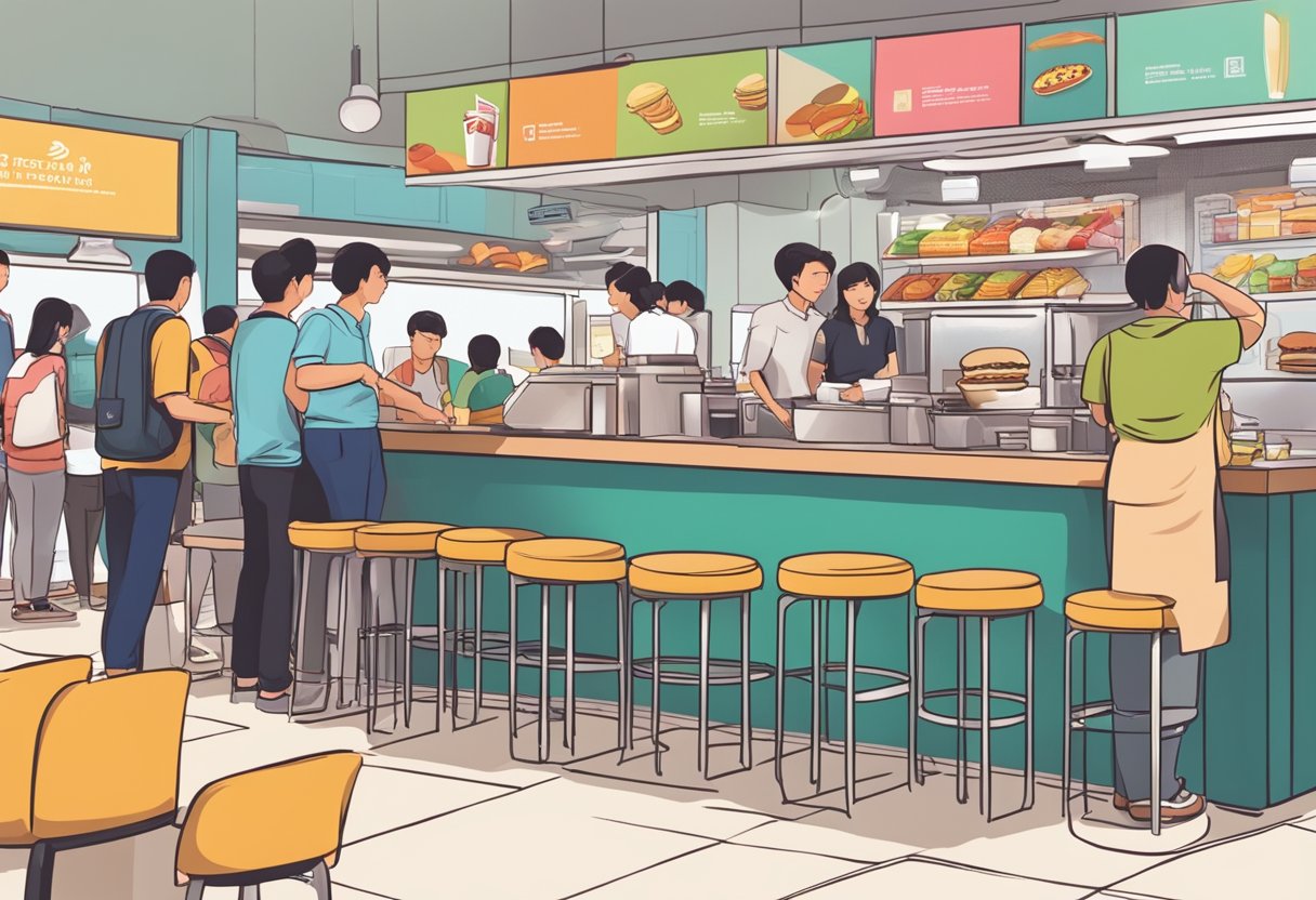 A bustling fast food restaurant in Singapore, with colorful signage and crowded seating area. Customers line up at the counter, while staff prepare orders behind the scenes