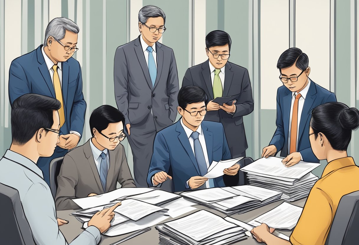 A group of government officials in Singapore reviewing documents and conducting interviews to identify Politically Exposed Persons