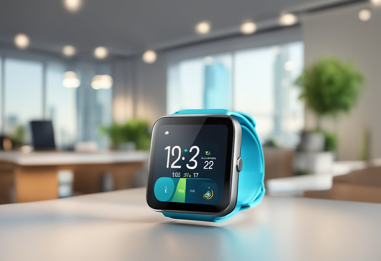 A smart watch displayed on a sleek, modern table in a well-lit room in Singapore