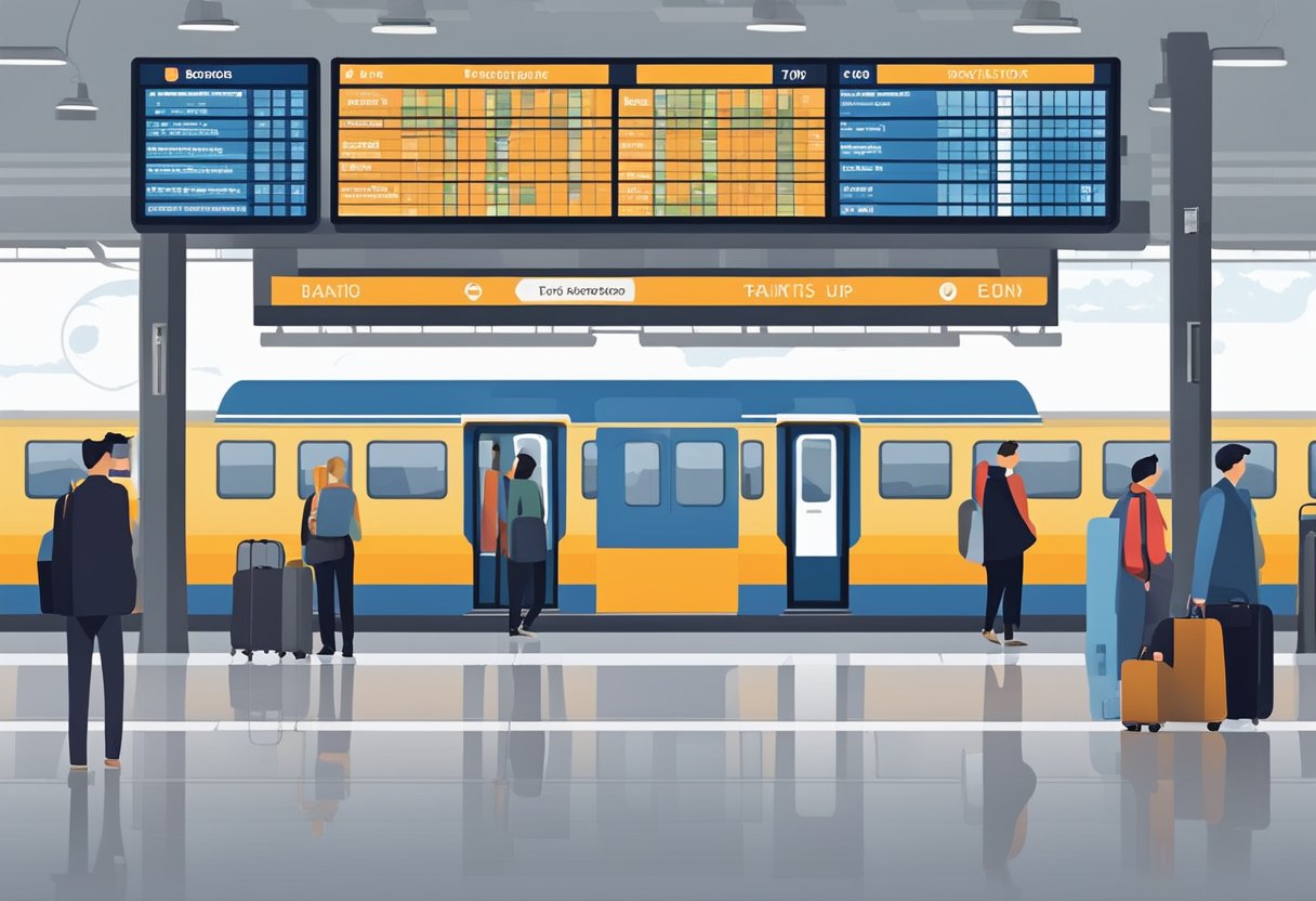 Passengers waiting at a modern train station, with a departure board displaying times and platforms. A sleek train is parked on the platform, ready for departure