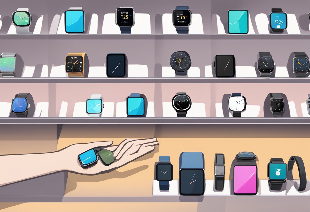 A hand reaches out to compare different smart watches on display in a Singaporean electronics store