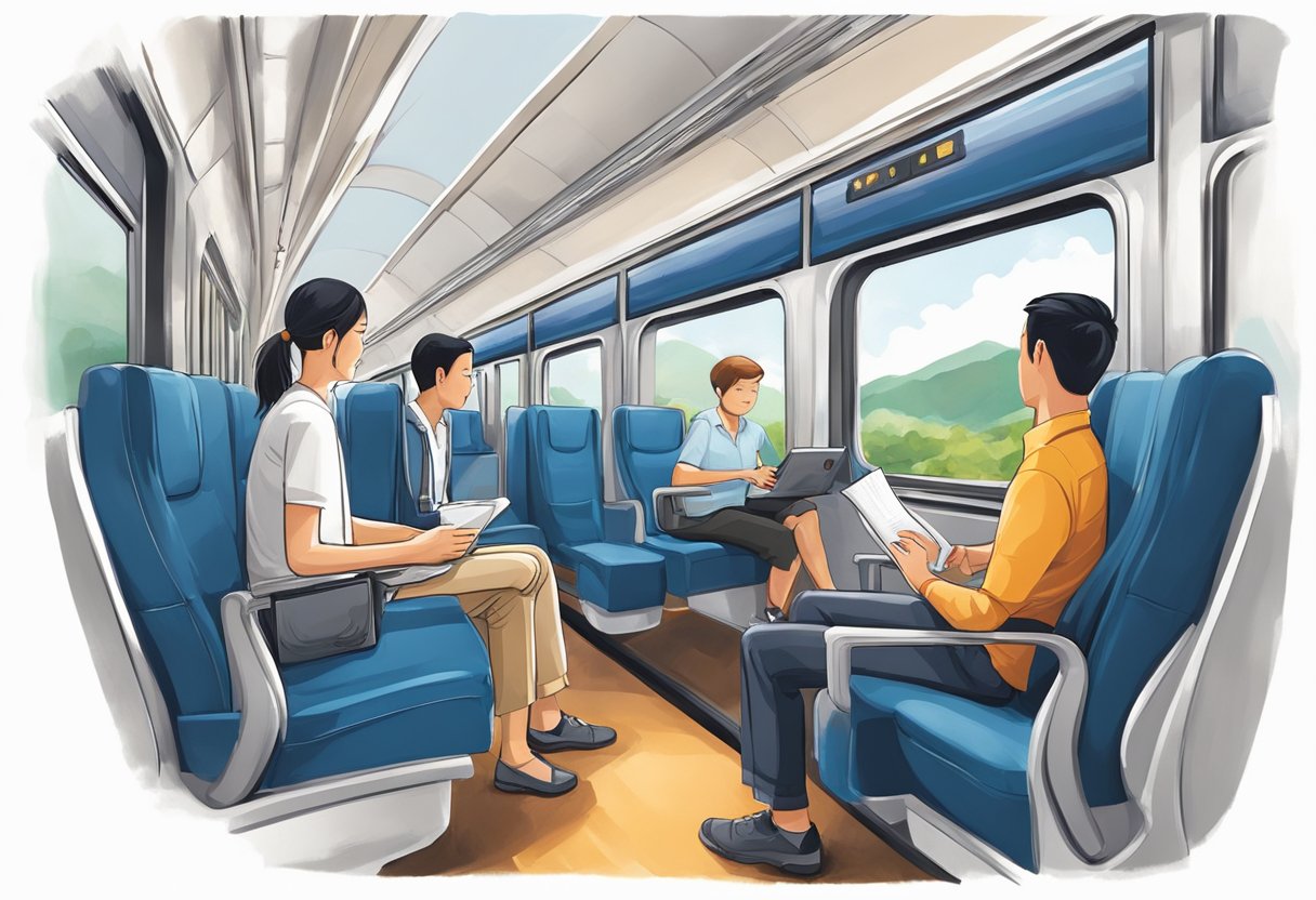 Passengers enjoy comfortable seating and scenic views as the train travels from Singapore to Malaysia. Helpful staff provide tips for a smooth and enjoyable journey