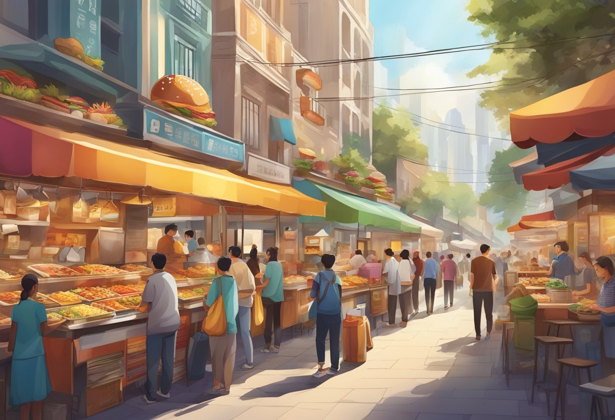 A bustling street lined with colorful fast food stalls, offering a variety of popular dishes from around the world