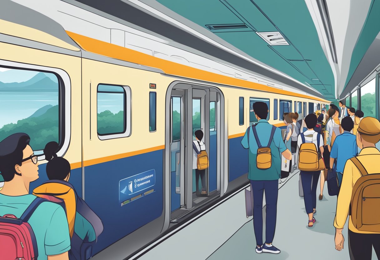 Passengers boarding a sleek train in Singapore, traveling across the border into Malaysia. Signs and staff assist with FAQs