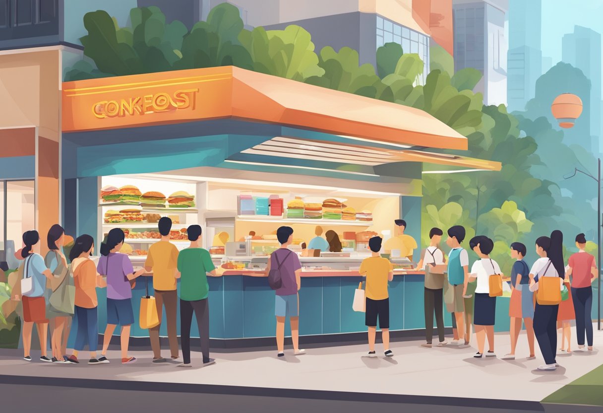 A bustling fast food restaurant in Singapore with colorful signage and a long line of customers waiting to order