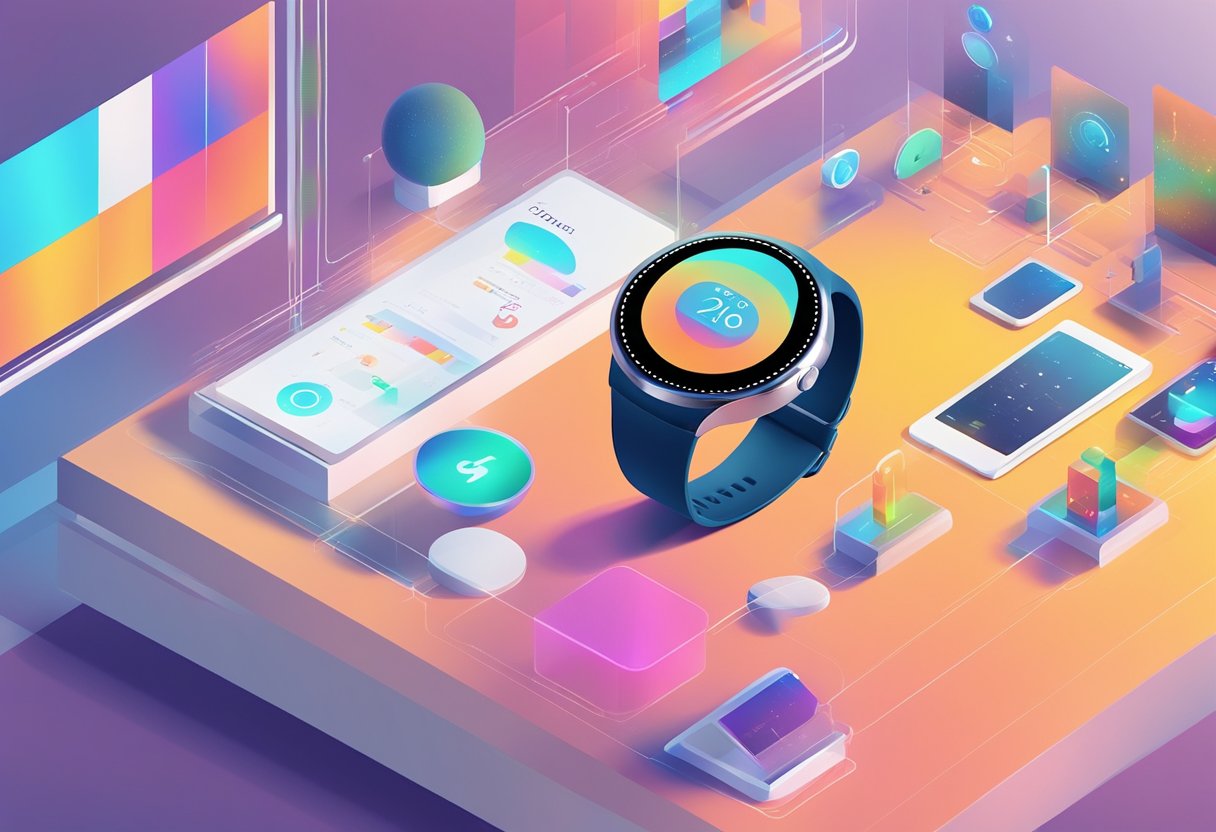 A hand reaches for a sleek smart watch on a display stand, surrounded by modern technology and a futuristic backdrop