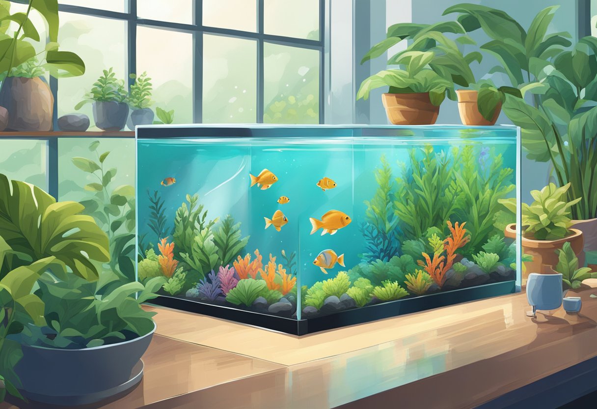 A hand pours water into a fish tank in Singapore, surrounded by lush green plants and colorful fish