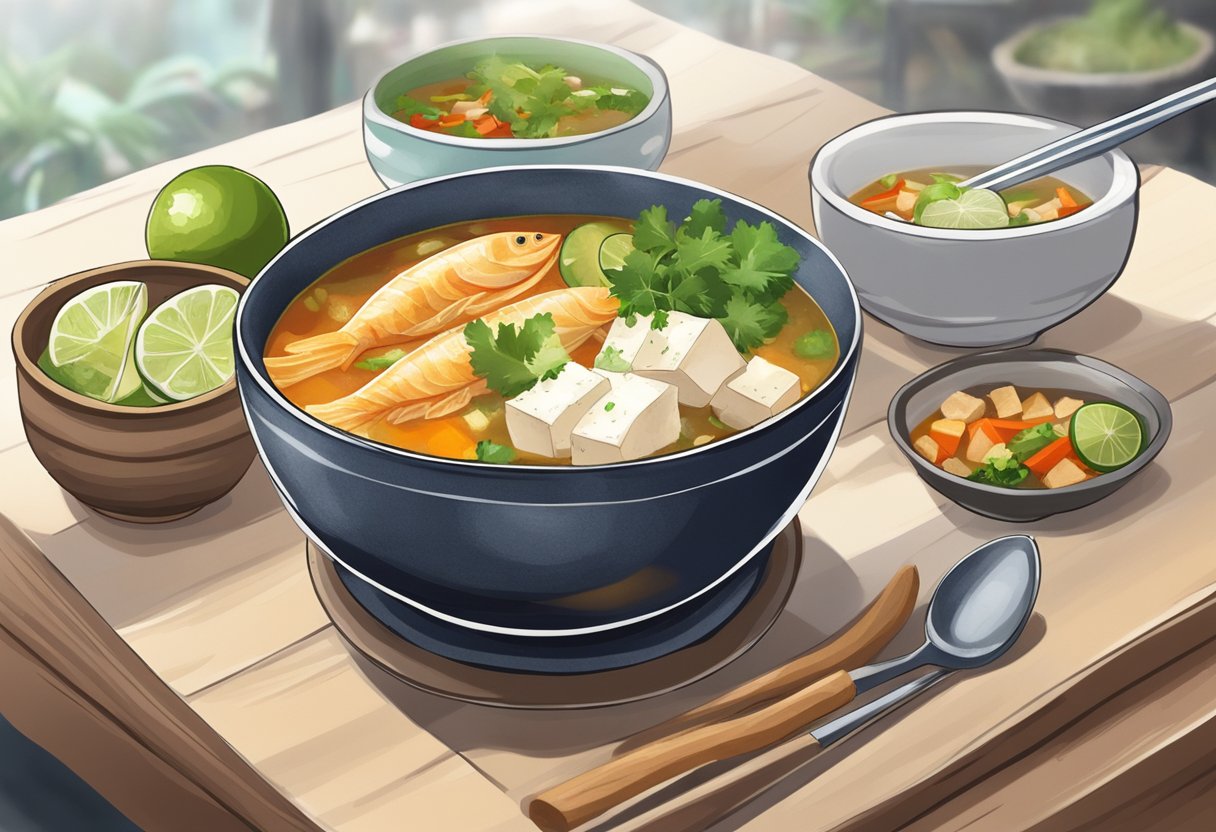 A steaming bowl of fish soup with chunks of fish, tofu, and vegetables, served with a side of chili and lime, on a hawker stall table in Singapore