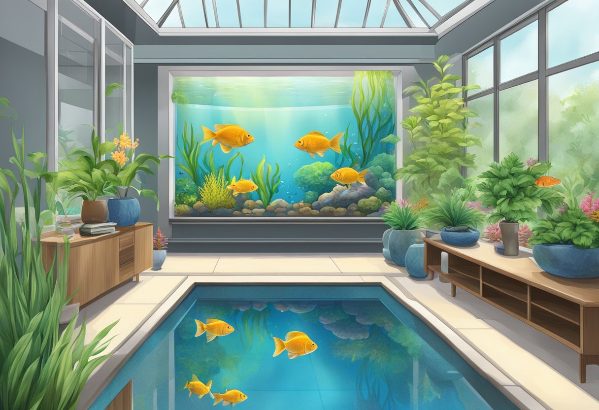 A colorful fish tank in a Singaporean home, with a variety of fish swimming among vibrant aquatic plants and decorative ornaments