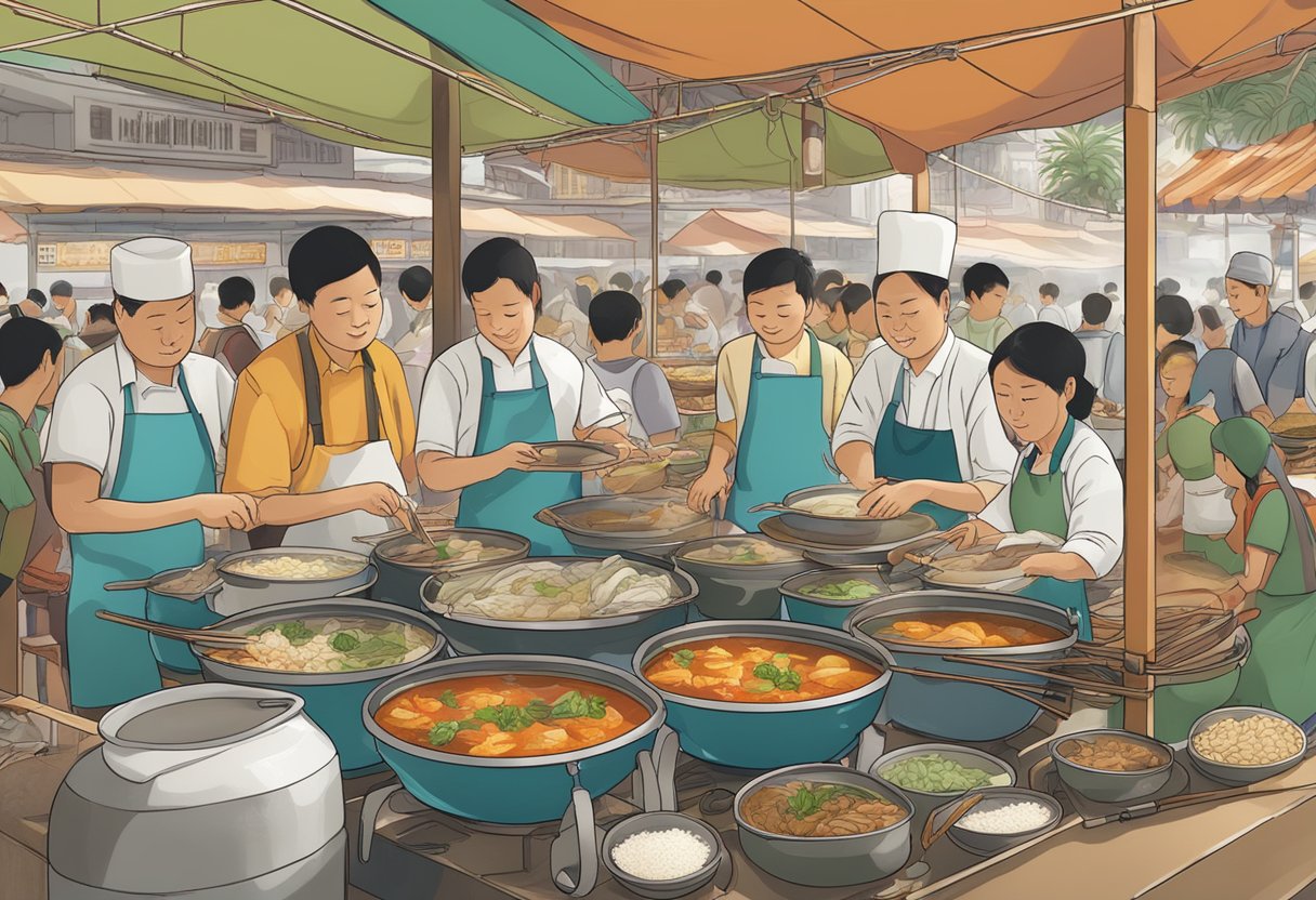 A bustling hawker center filled with steaming pots of fish soup, showcasing an array of tantalizing ingredients and aromatic broths