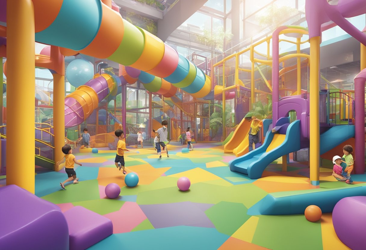 Children playing in a colorful indoor playground in Singapore. Slides, ball pits, and climbing structures fill the space