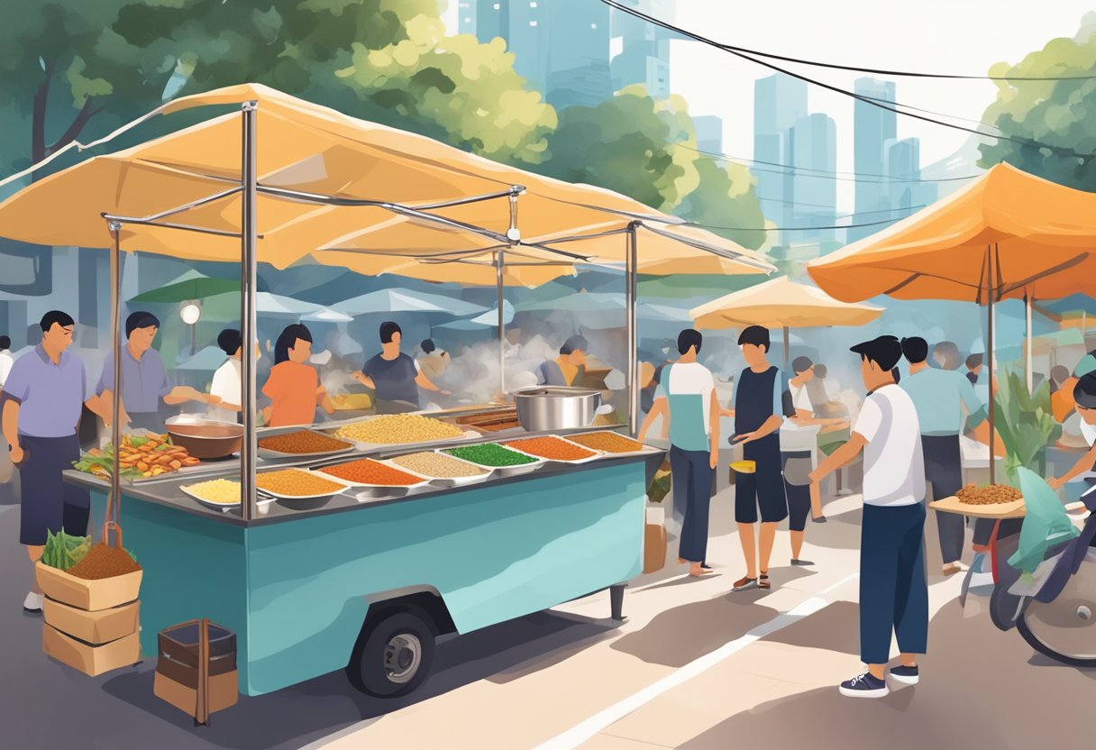 A steaming bowl of fish soup sits on a bustling street food stall in Singapore, surrounded by colorful ingredients and aromatic spices