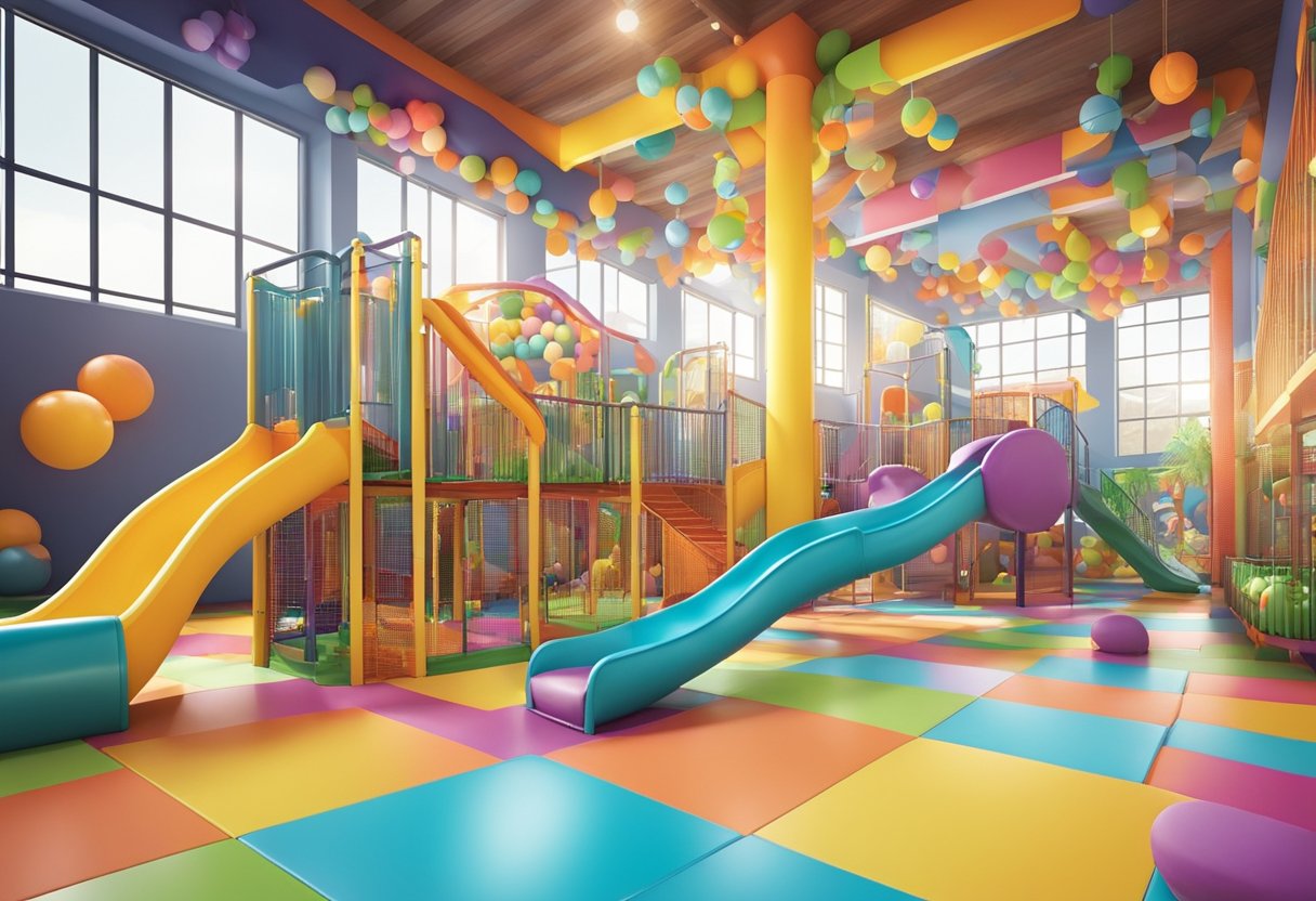 Children playing on colorful slides, climbing structures, and ball pits in a spacious indoor playground with vibrant decor and interactive features