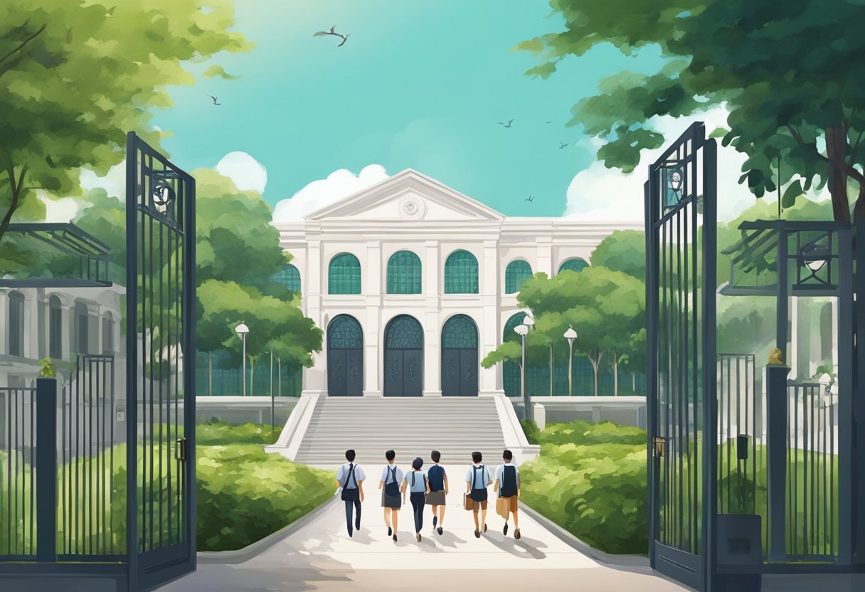 A group of students in uniform walk through the gates of a prestigious private school in Singapore, surrounded by lush greenery and modern architecture