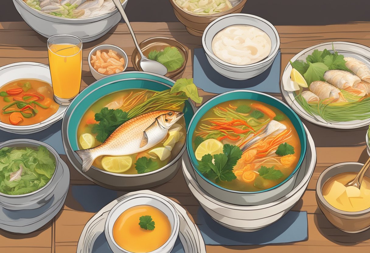 A steaming bowl of fish soup surrounded by condiments and utensils on a vibrant hawker center table in Singapore