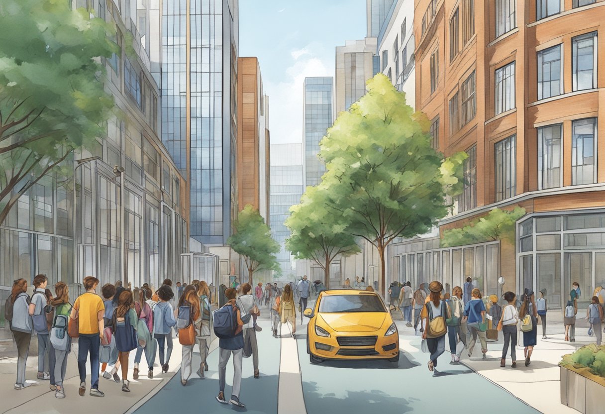 A bustling city street with modern buildings, a diverse group of students entering a private school, and a sign displaying the school's name and logo