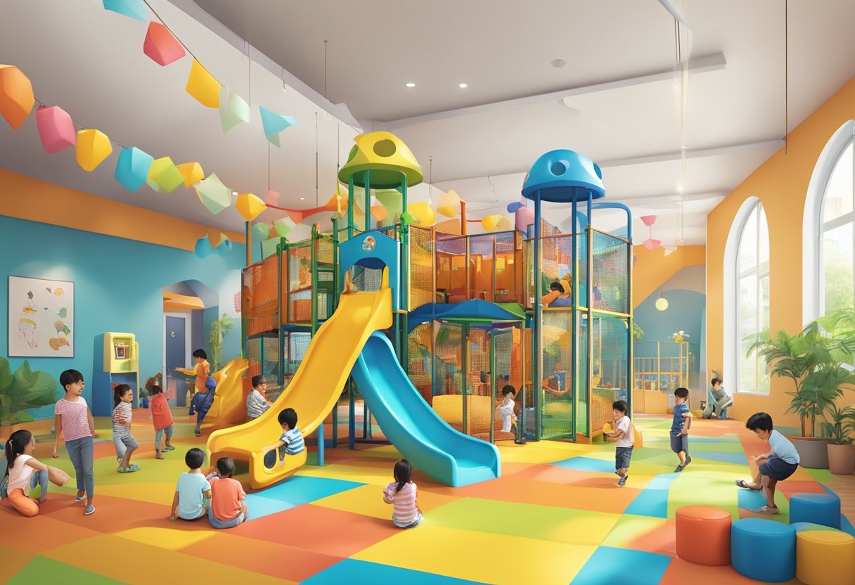 Children playing in a colorful, spacious indoor playground in Singapore, with various play equipment and a vibrant, welcoming atmosphere