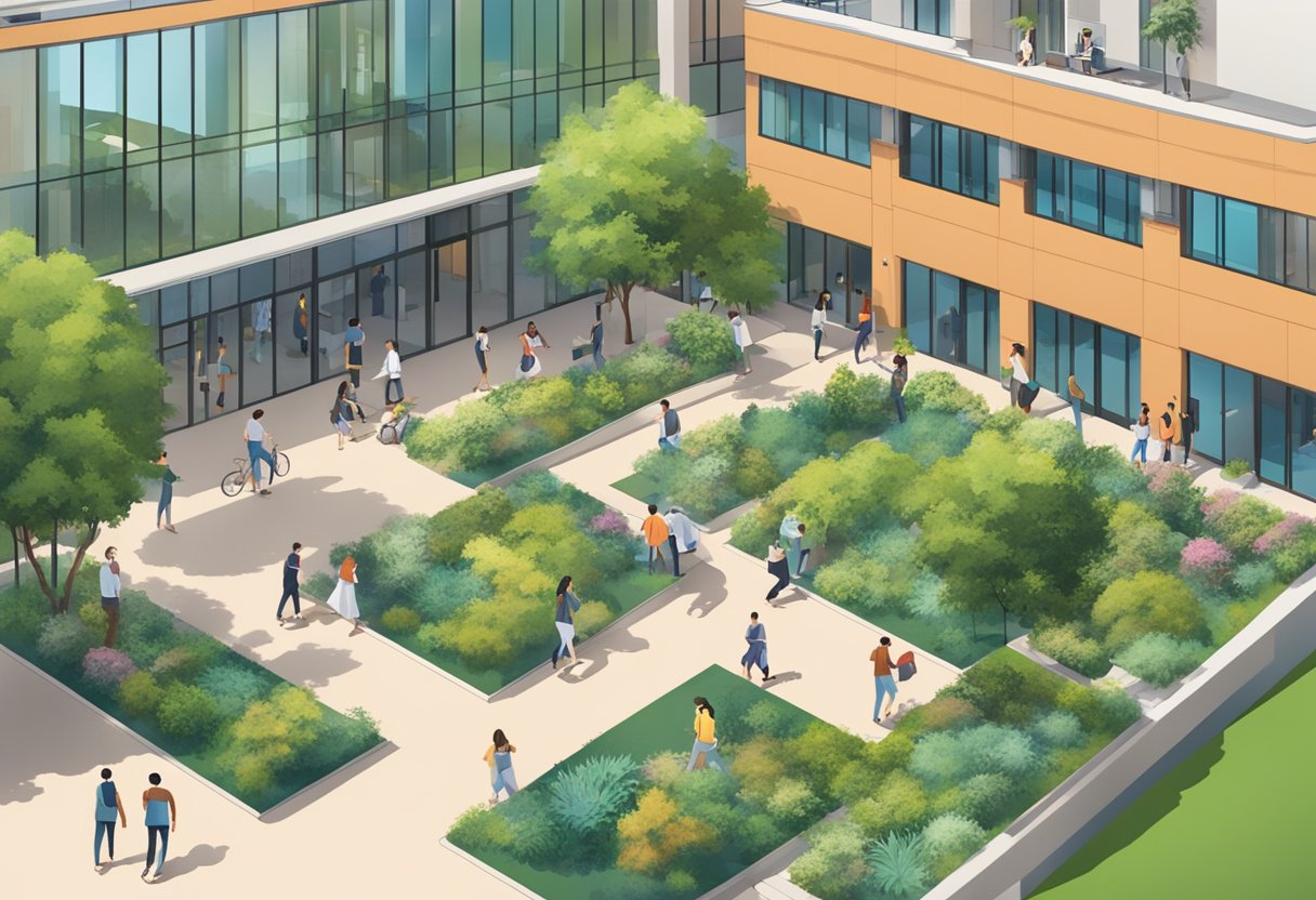 A bustling courtyard at Beyond Academics, with students engaged in various activities, surrounded by modern buildings and lush greenery