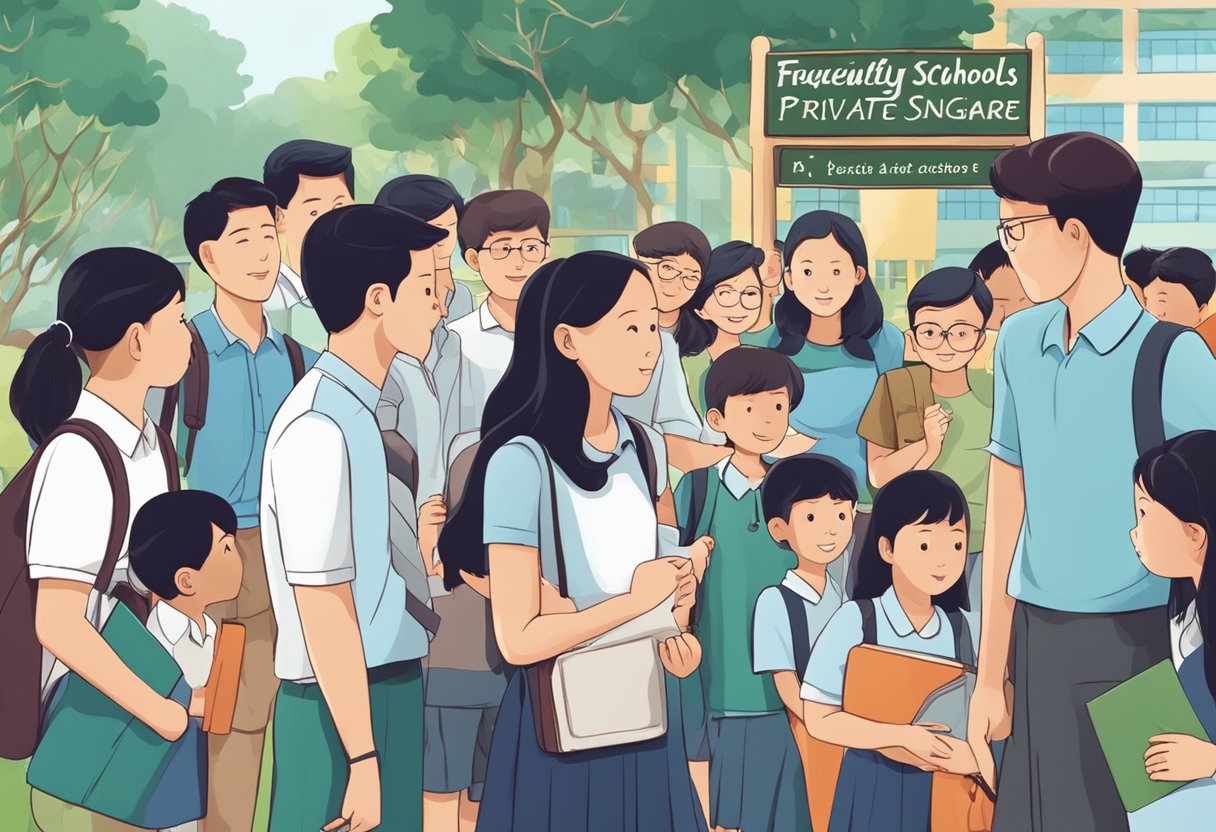 A group of students and parents gather around a signboard labeled "Frequently Asked Questions private schools in Singapore." The atmosphere is filled with curiosity and anticipation as they seek information about the educational options available
