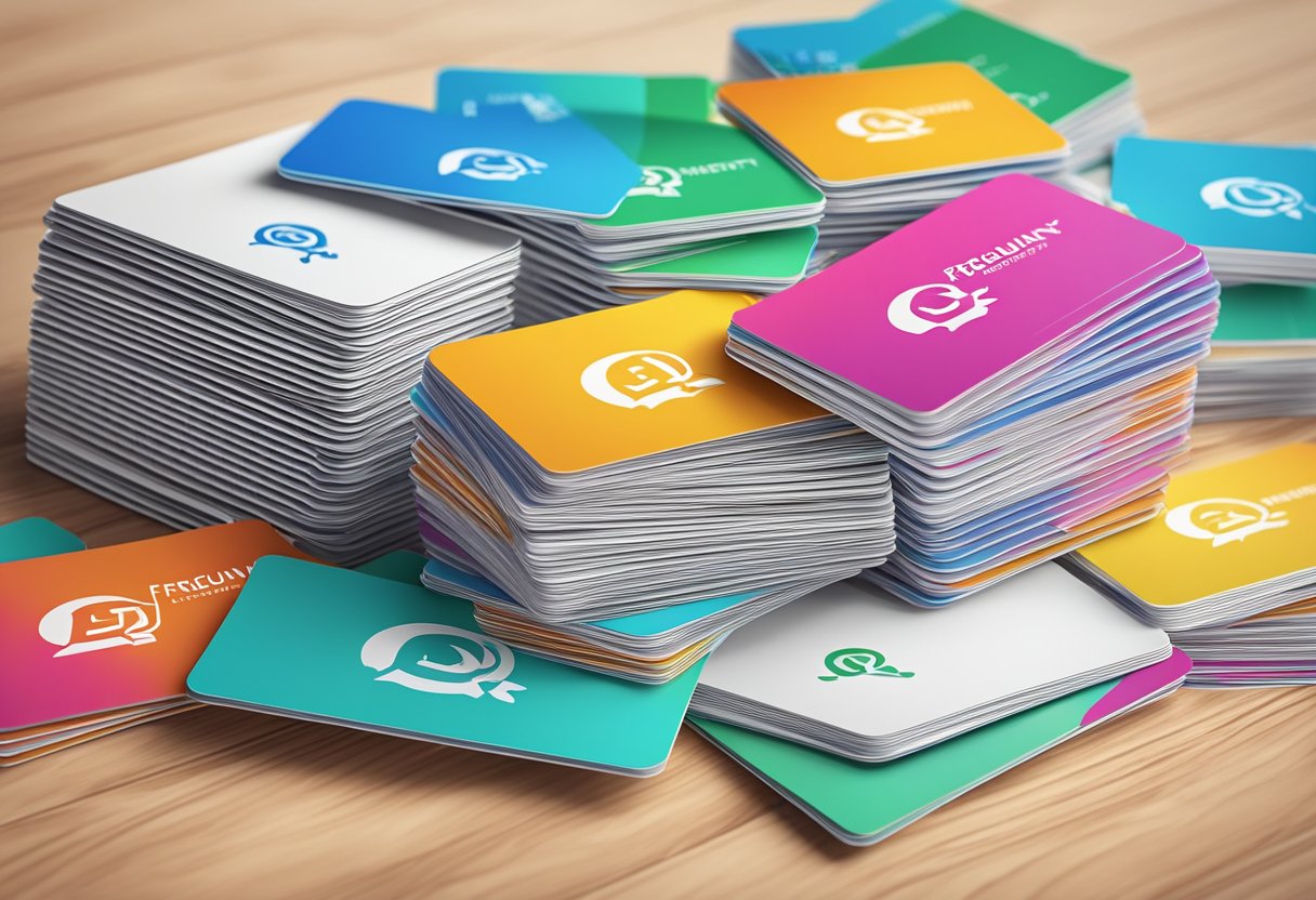 A stack of colorful FAQ cards with the "Frequently Asked Questions" logo, surrounded by a clean and modern office setting
