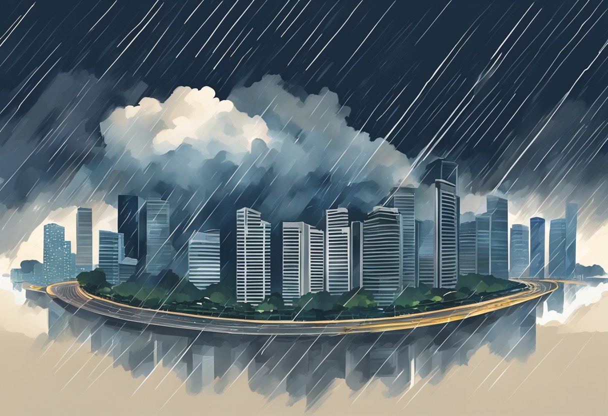 Dark rain cloud looms over Singapore skyline, casting a shadow on the city below. Lightning flashes and rain pours down, drenching the streets